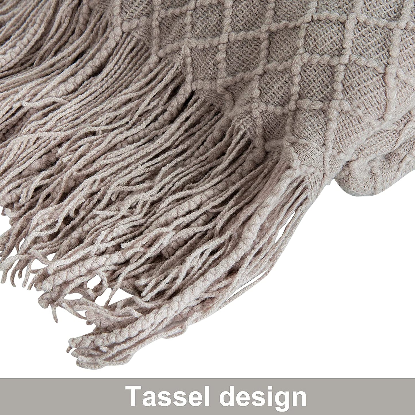Acrylic Knitted Throw Blanket, Lightweight and Soft Cozy Decorative Woven Blanket with Tassels for Travel, Couch, Bed, Sofa, 51 X 67 Inches, Taupe Checkered
