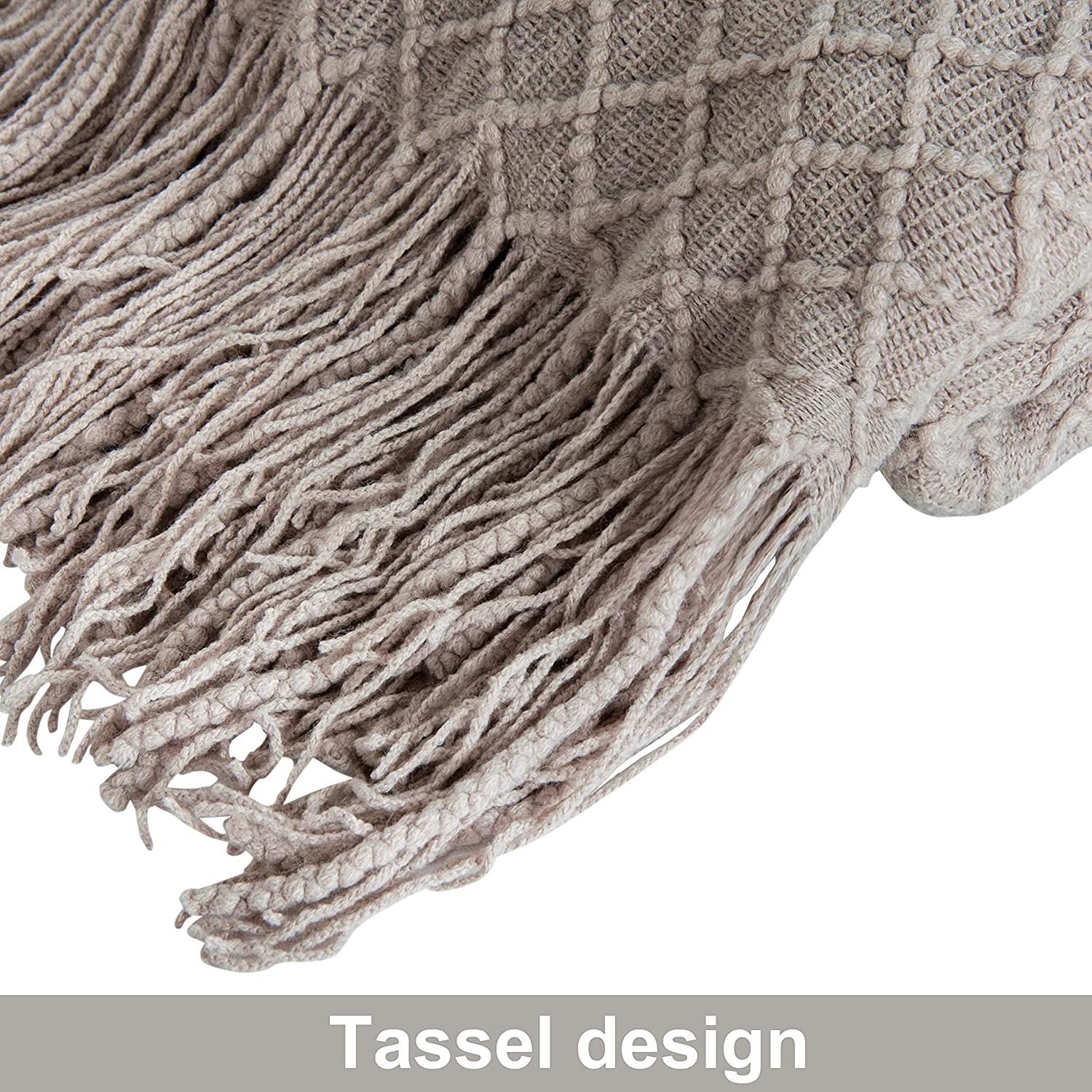 Acrylic Knitted Throw Blanket, Lightweight and Soft Cozy Decorative Woven Blanket with Tassels for Travel, Couch, Bed, Sofa, 51 X 67 Inches, Taupe Checkered