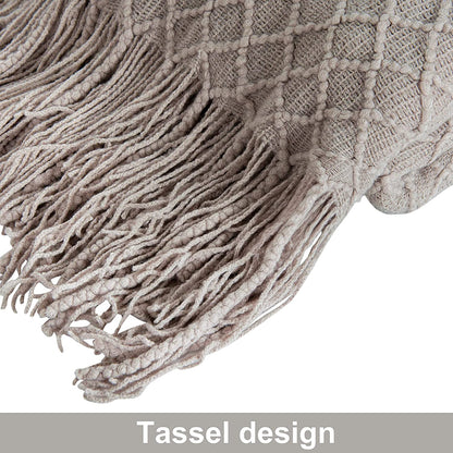 Acrylic Knitted Throw Blanket, Lightweight and Soft Cozy Decorative Woven Blanket with Tassels for Travel, Couch, Bed, Sofa, 51 X 67 Inches, Taupe Checkered