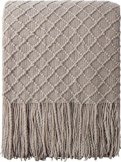 Acrylic Knitted Throw Blanket, Lightweight and Soft Cozy Decorative Woven Blanket with Tassels for Travel, Couch, Bed, Sofa, 51 X 67 Inches, Taupe Checkered